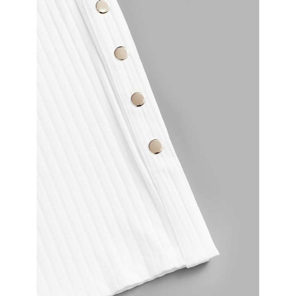 White High Waist Ribbed Side Slit Midi Skirt - Picture 5 of 6